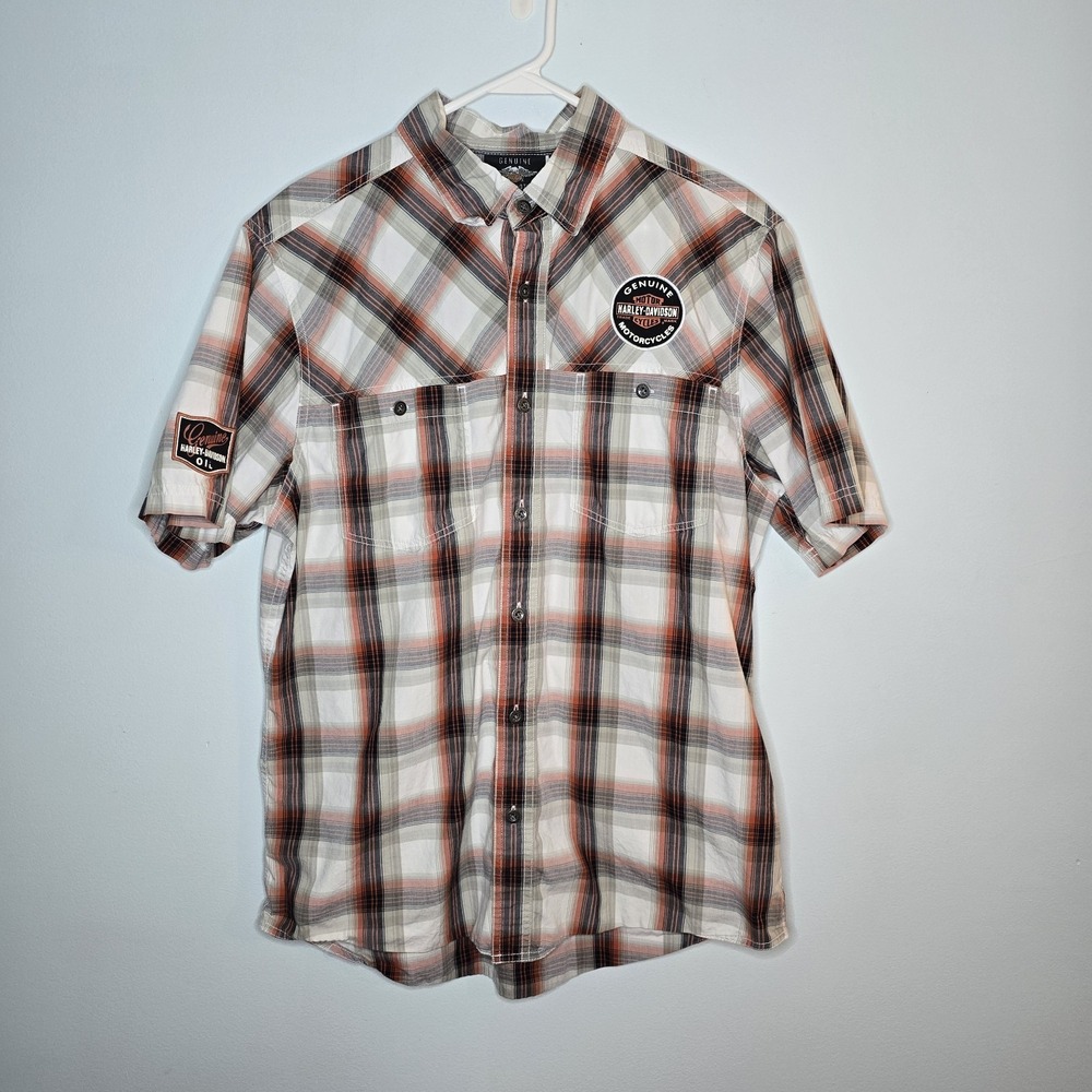 Harley Davidson Plaid Button Up Shirt Mens L Short Sleeve Orange Grey Biker
